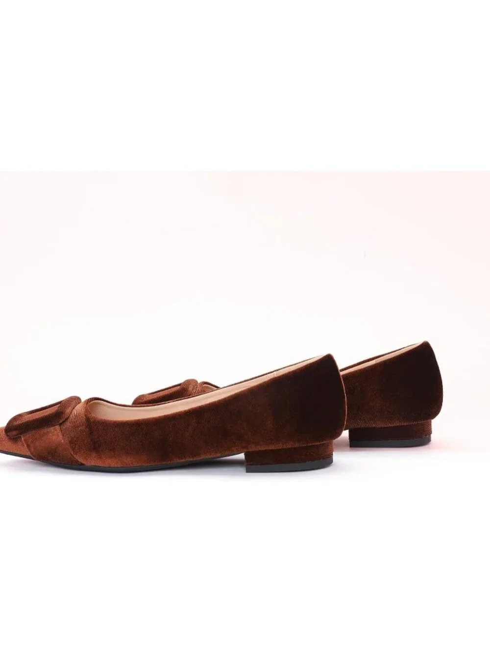Women's Velvet Brown Pointed Toe Square Buckle Flats Slip-On Comfortable Shoes